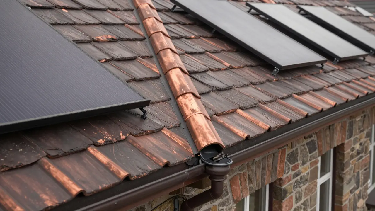 Detailaufnahme von BIPV-Solarmodulen, die wie historische Dachziegel aussehen
