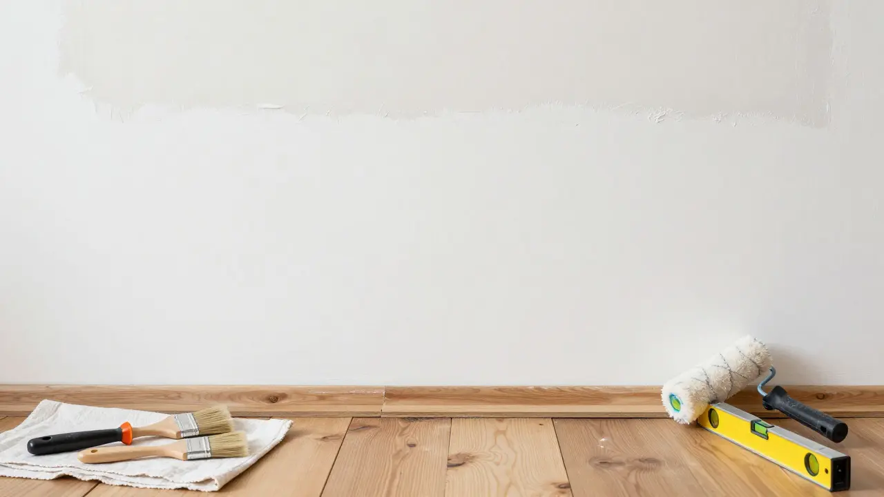 Detailaufnahme von Decke, Wand und neuem Bodenbelag mit Werkzeugen