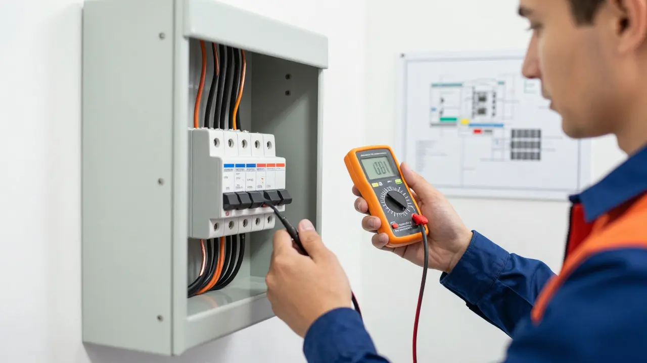 Elektriker installiert einen FI-Schutzschalter in einem sauberen Verteilerkasten