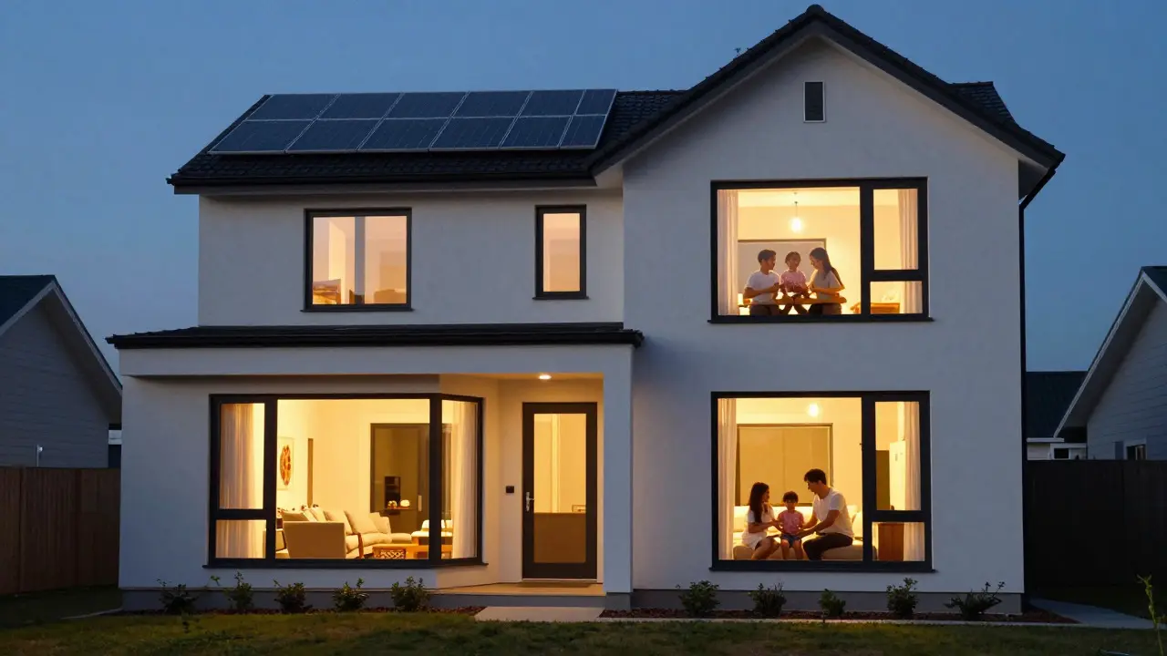 Fertig saniertes Effizienzhaus mit Solaranlage bei Sonnenuntergang