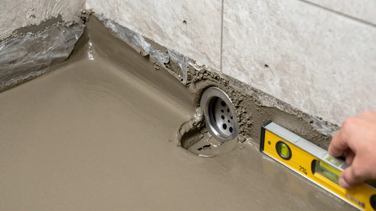 Handwerker prüft das Gefälle des Estrichs mit Wasserwaage bei der Installation