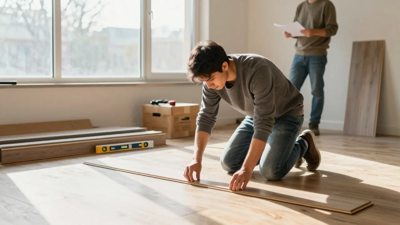 Hausbesitzer legt selbst Laminatboden im Sonnenlicht