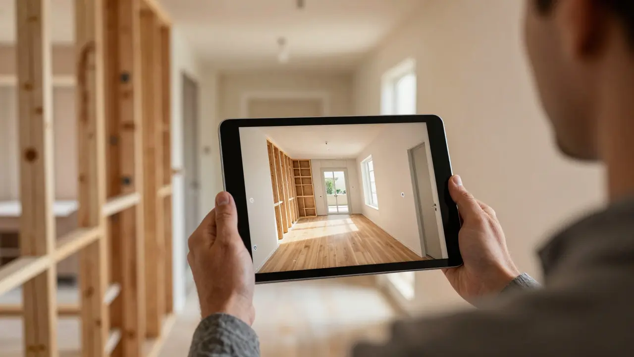 Heimwerker nutzt Tablet zur virtuellen Visualisierung der Raumgestaltung