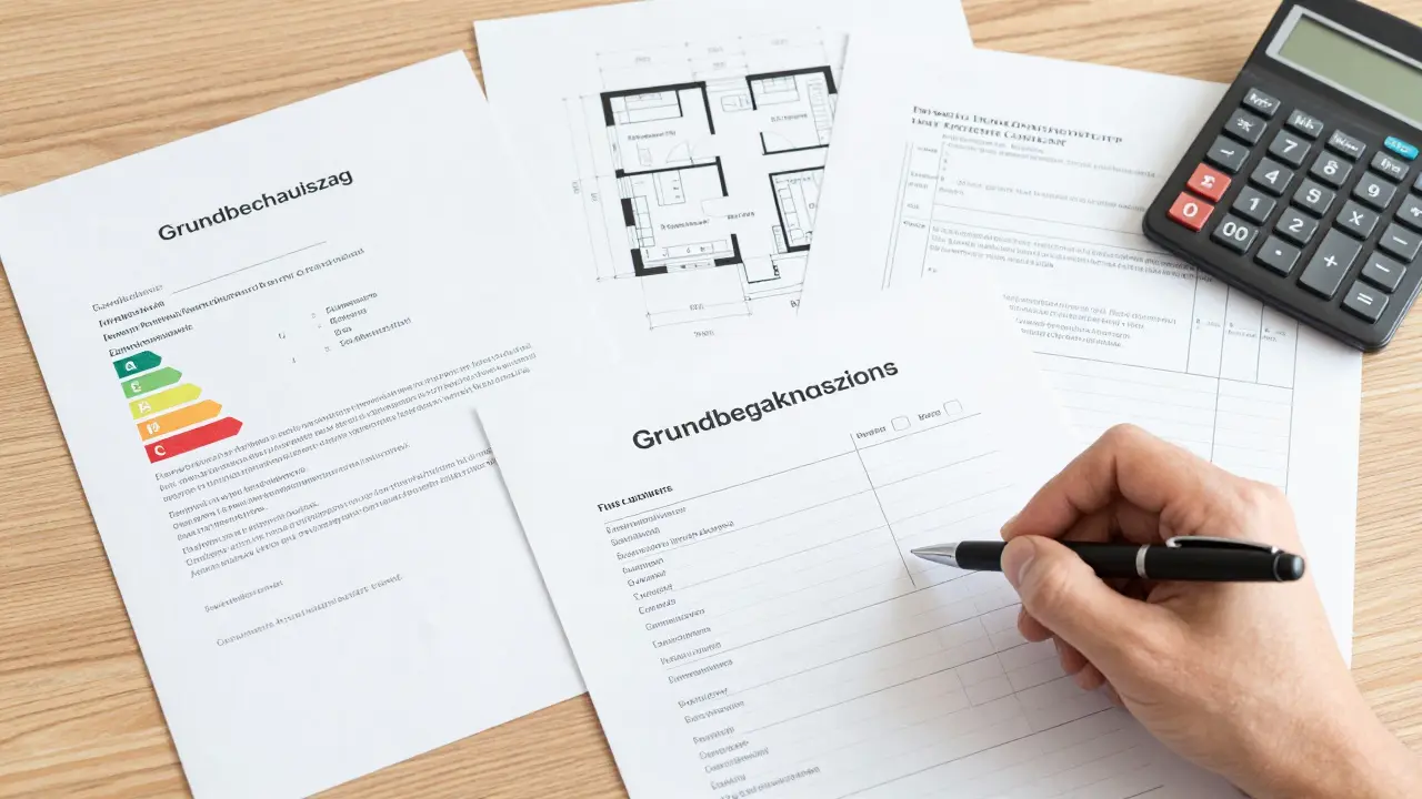 Immobilienunterlagen wie Grundbuch und Energieausweis auf Tisch