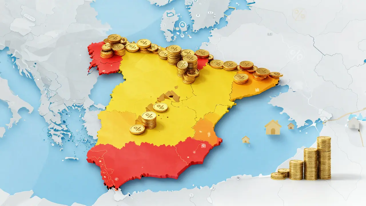 Karte Spaniens mit farbigen Regionen und Symbolen für unterschiedliche Steuern