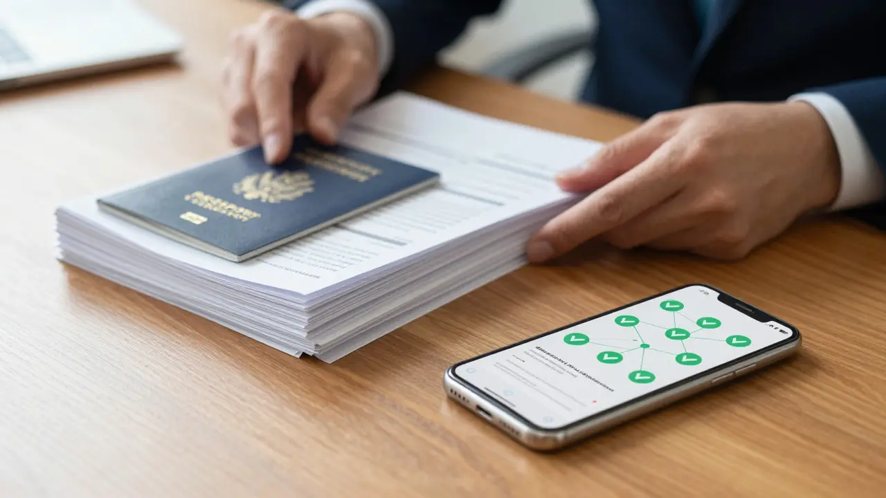 Organized financial documents and blockchain phone screen for compliance