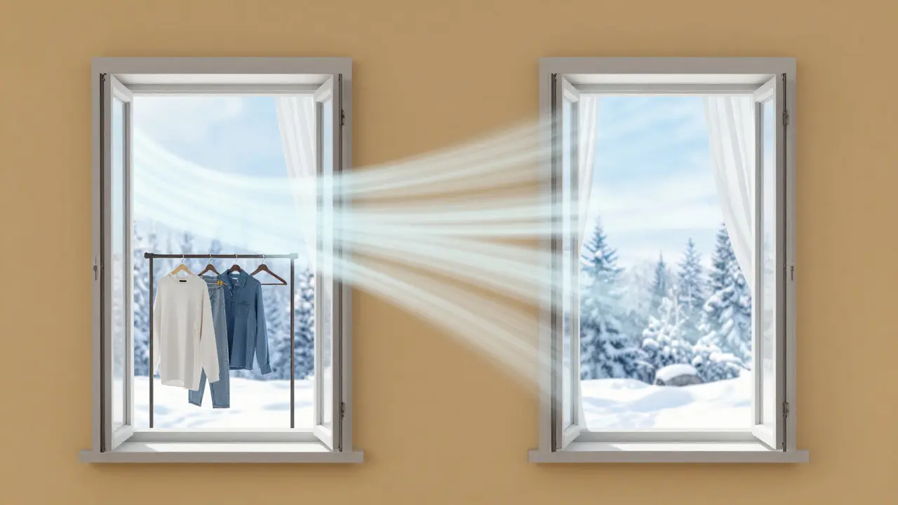 Querlüften durch geöffnete Fenster gegen Feuchtigkeit