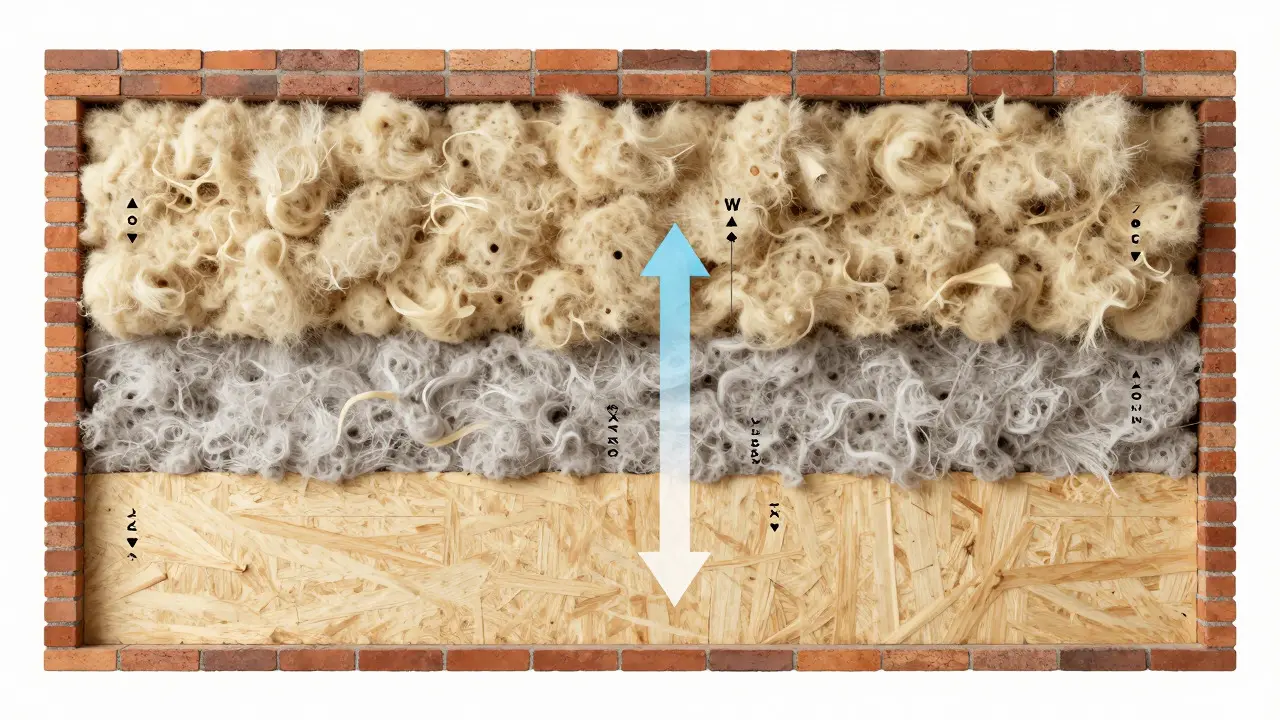 Querschnitt einer Wand mit Schafwolle und Zellulosedämmung