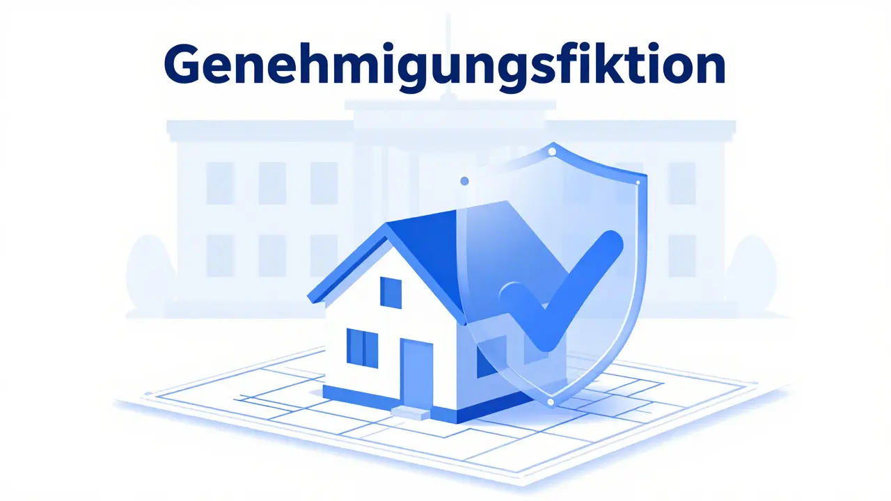 Symbolische Darstellung der Genehmigungsfiktion für Häuser