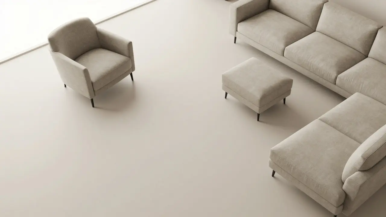 Vogelperspektive einer asymmetrischen Möbelanordnung im Wohnzimmer