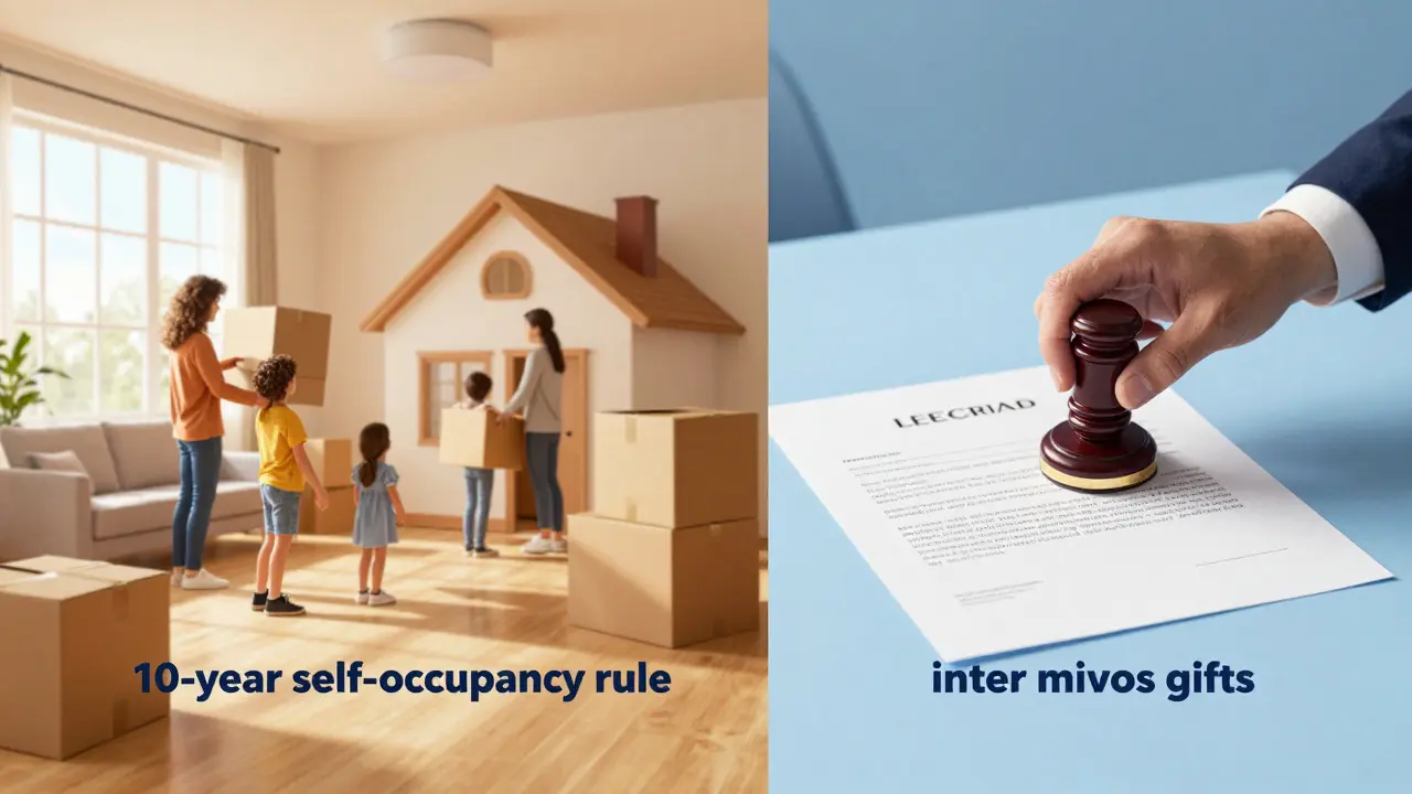 Zwei Szenen: Einzug ins Haus versus notarielle Planung zur Steuerersparnis.