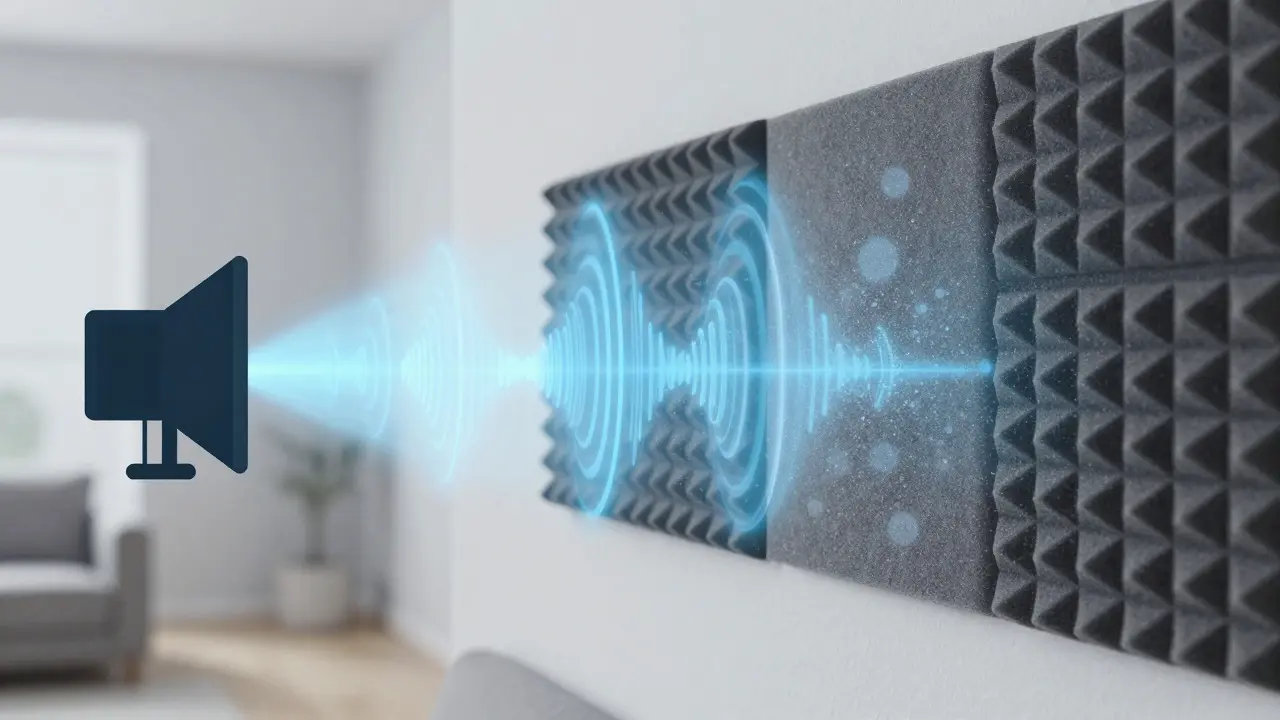 Abstrakte Darstellung von Schallwellen, die an Akustikwänden absorbiert werden