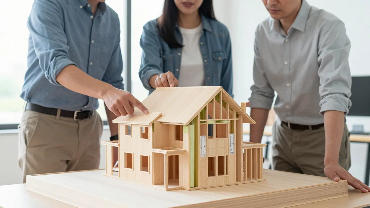 Architekten besprechen ein detailliertes Holzhaus-Modell im Büro