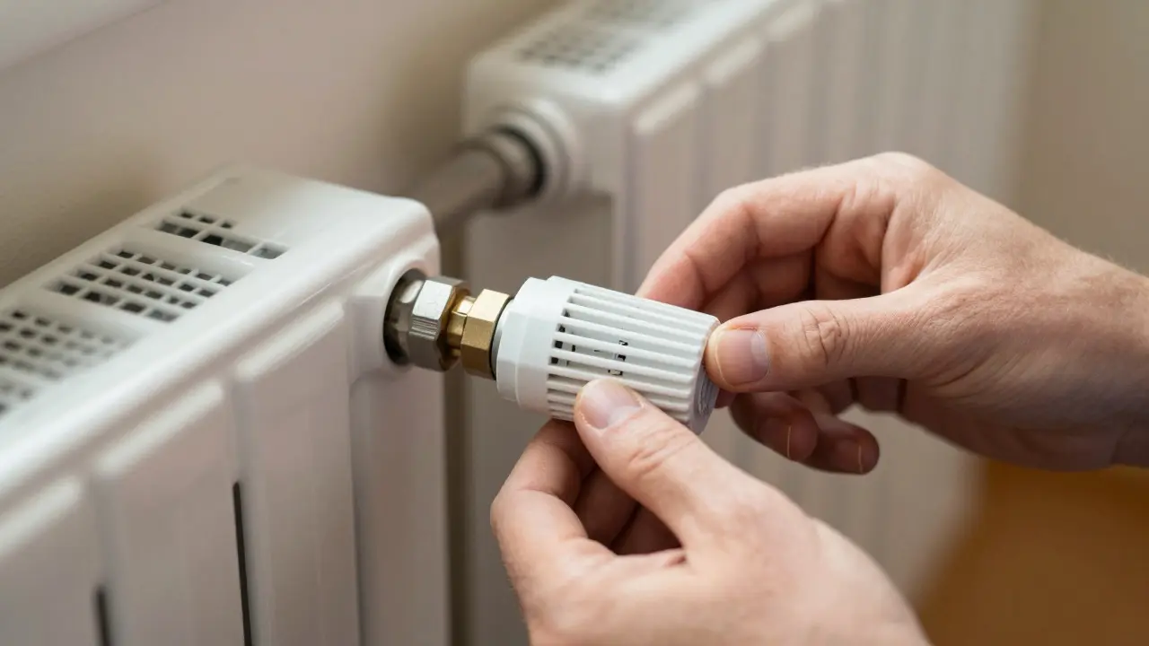 Close-up of a hand adjusting a thermostat valve on a radiator