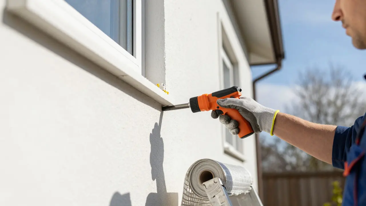 Craftsman repairing a crack in a house's thermal insulation system