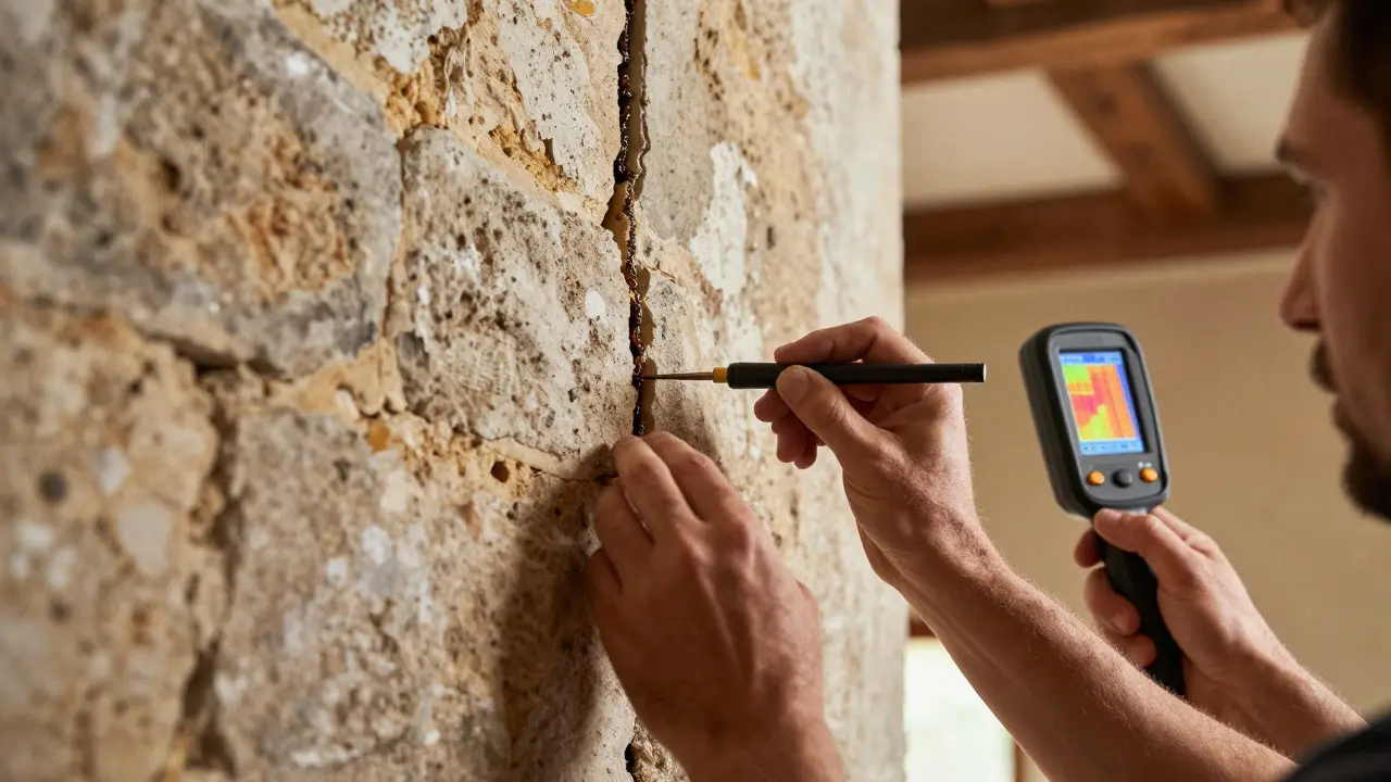 Craftsman repairing a crack in an old stone wall with resin