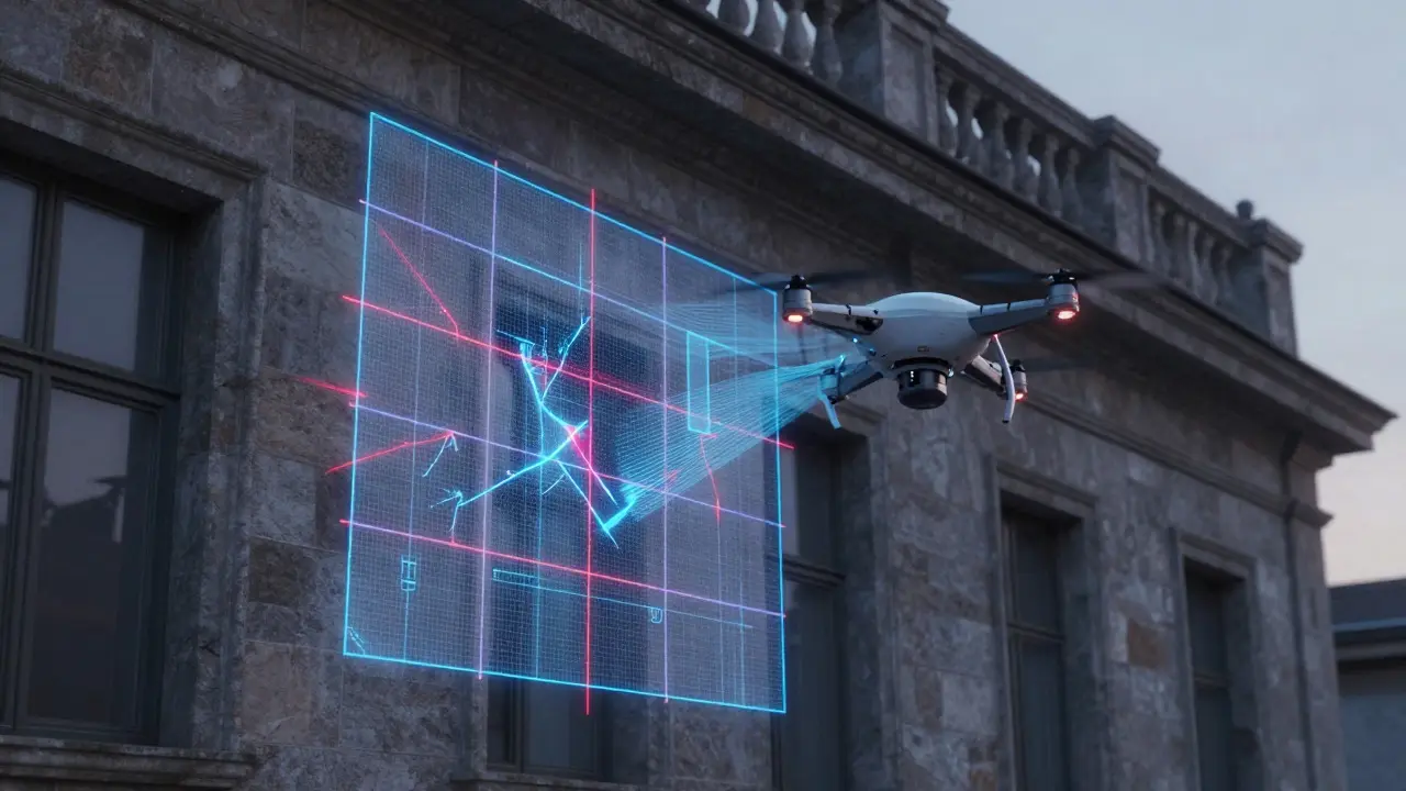Drohne scannt Fassade für KI-gestützte Rissanalyse und 3D-Dokumentation