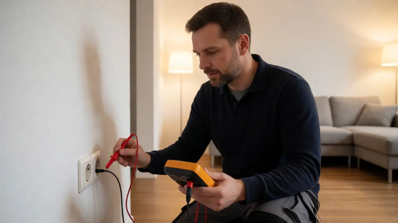 Elektriker prüft Steckdose mit Multimeter