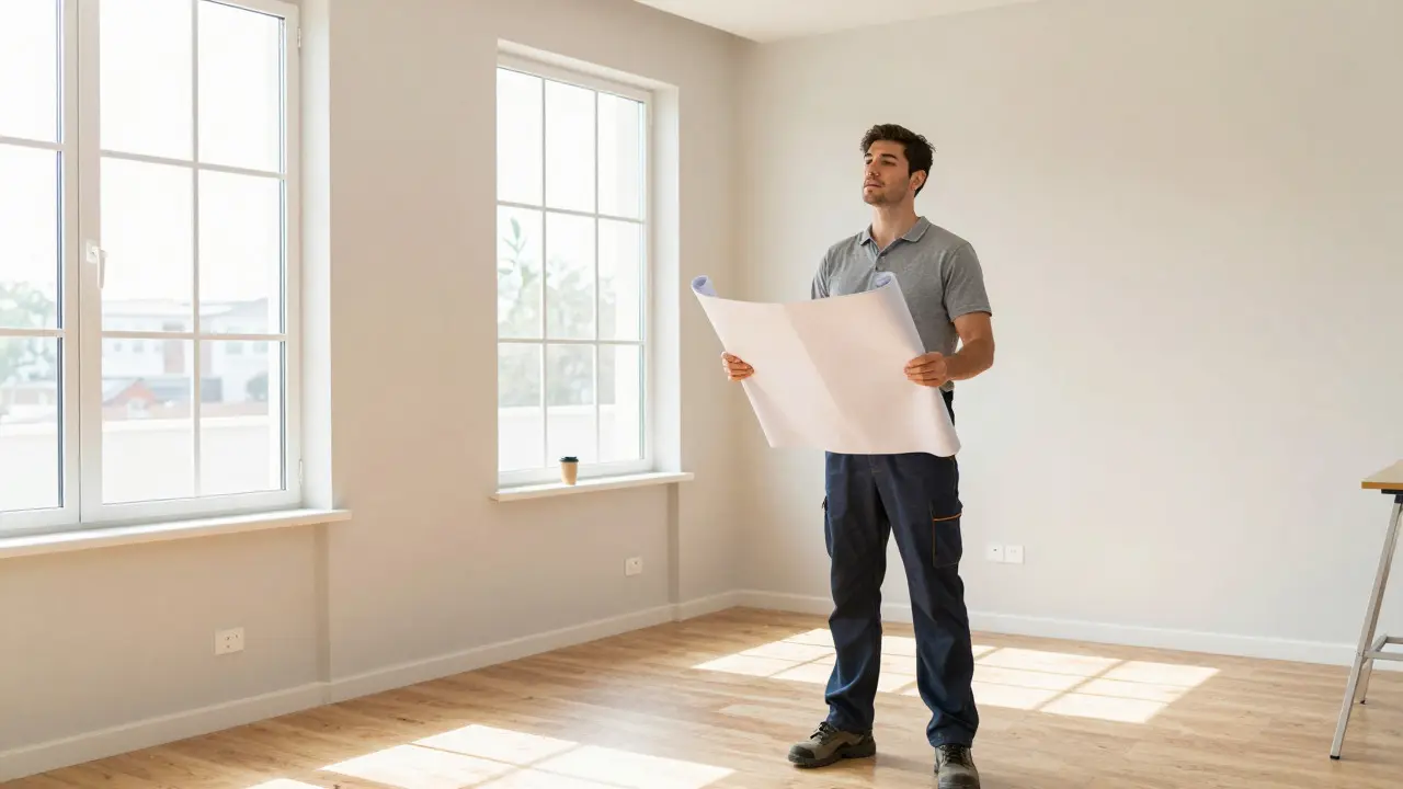 Entspannter Handwerker in einem fertig renovierten, hellen Wohnzimmer