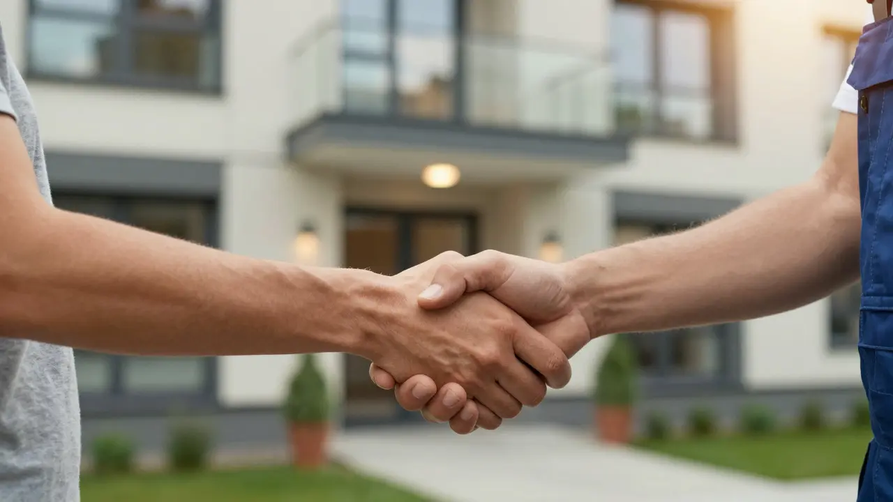 Händedruck zwischen Eigentümer und Contractor vor einem modernen Wohngebäude