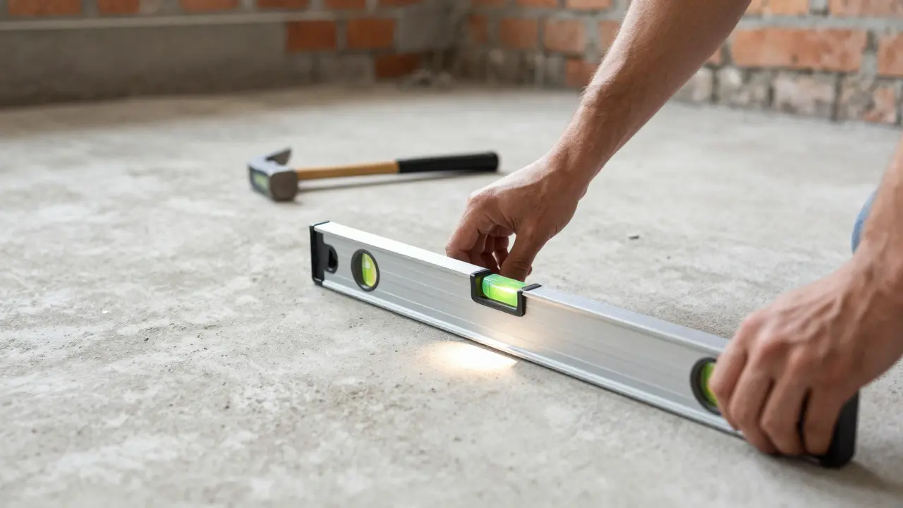 Hands using a spirit level to check concrete floor flatness during inspection