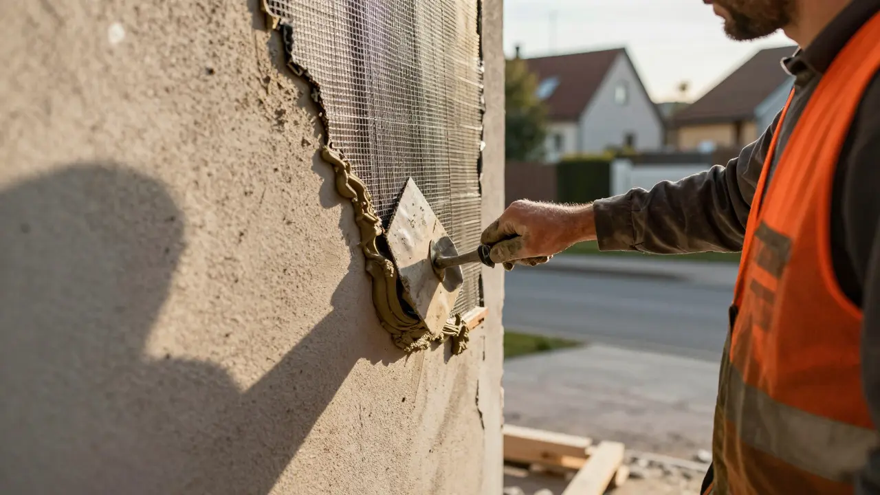 Handwerker armiert Riss im Mauerwerk mit Gewebe und elastischem Mörtel