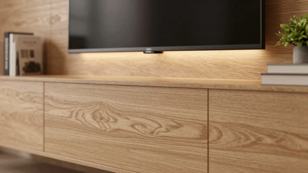 Holzvertäfelung als TV-Hintergrund mit warmer LED-Hintergrundbeleuchtung