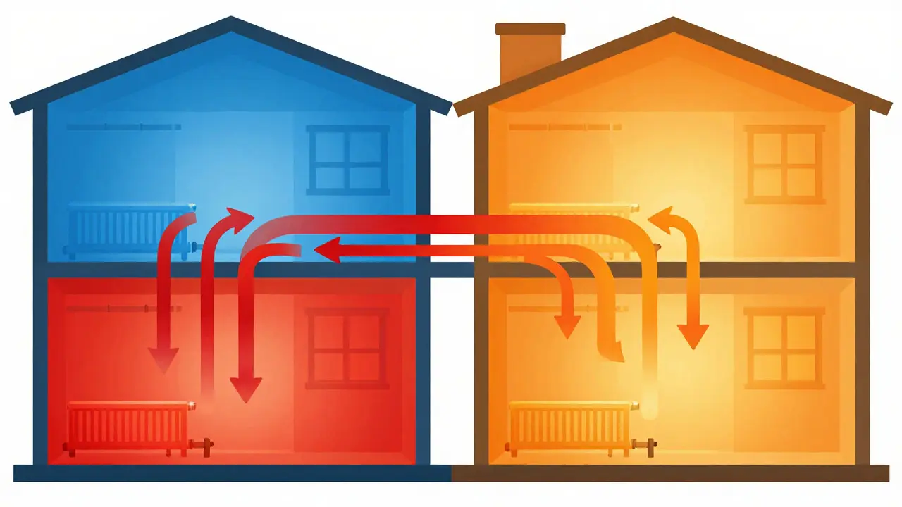 Illustration comparing uneven and even heat distribution in a house