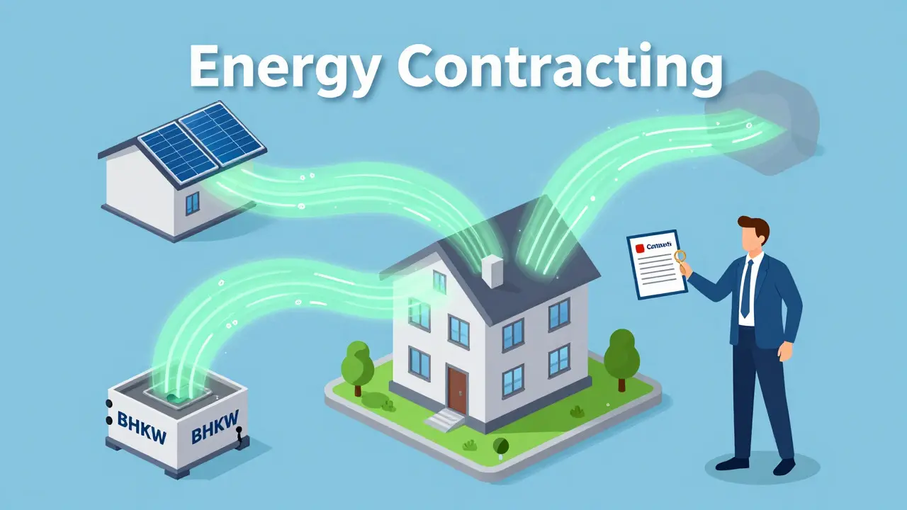 Konzeptillustration des Energie-Contractings mit Energiefluss von Contractor zum Gebäude