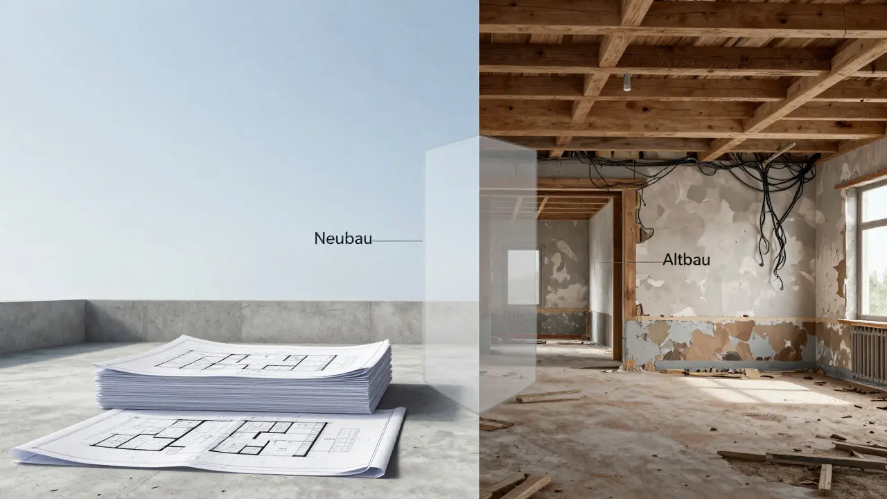 Konzeptillustration: Neubau im Vergleich zur Altbau-Sanierung mit Puffer