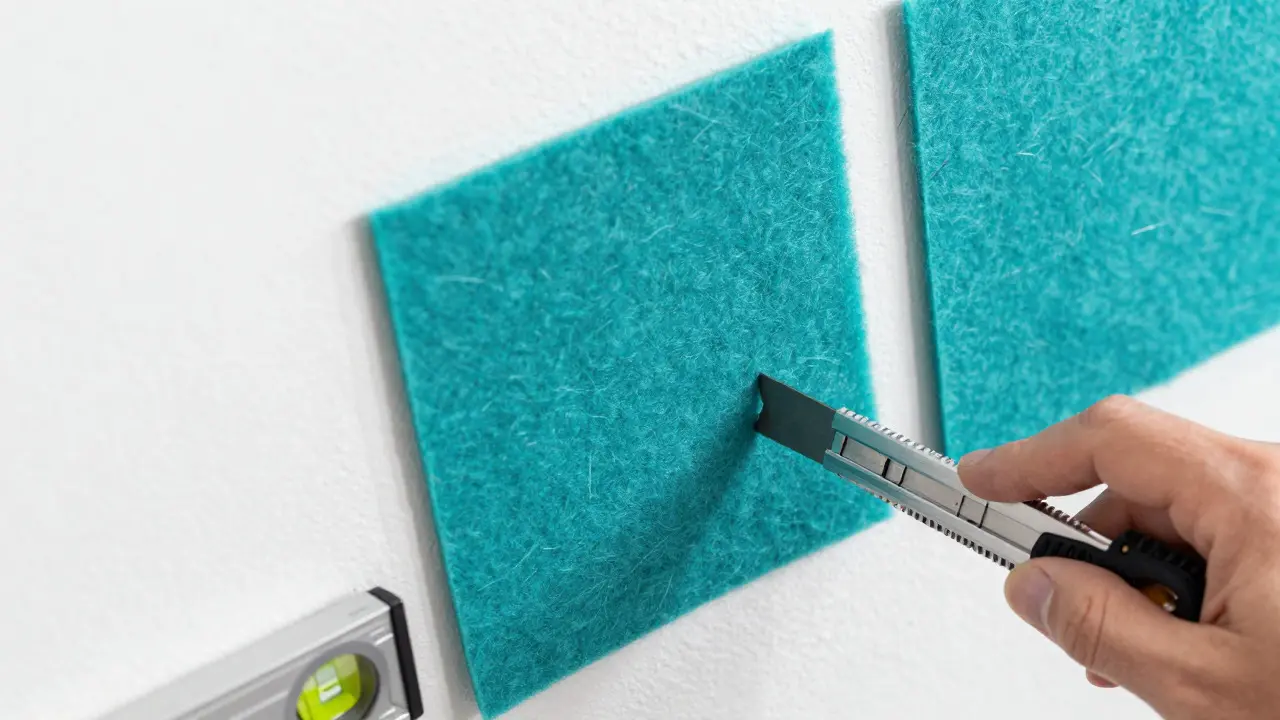 Nahaufnahme der Montage von selbstklebenden PET-Filz-Akustikplatten an einer weißen Wand