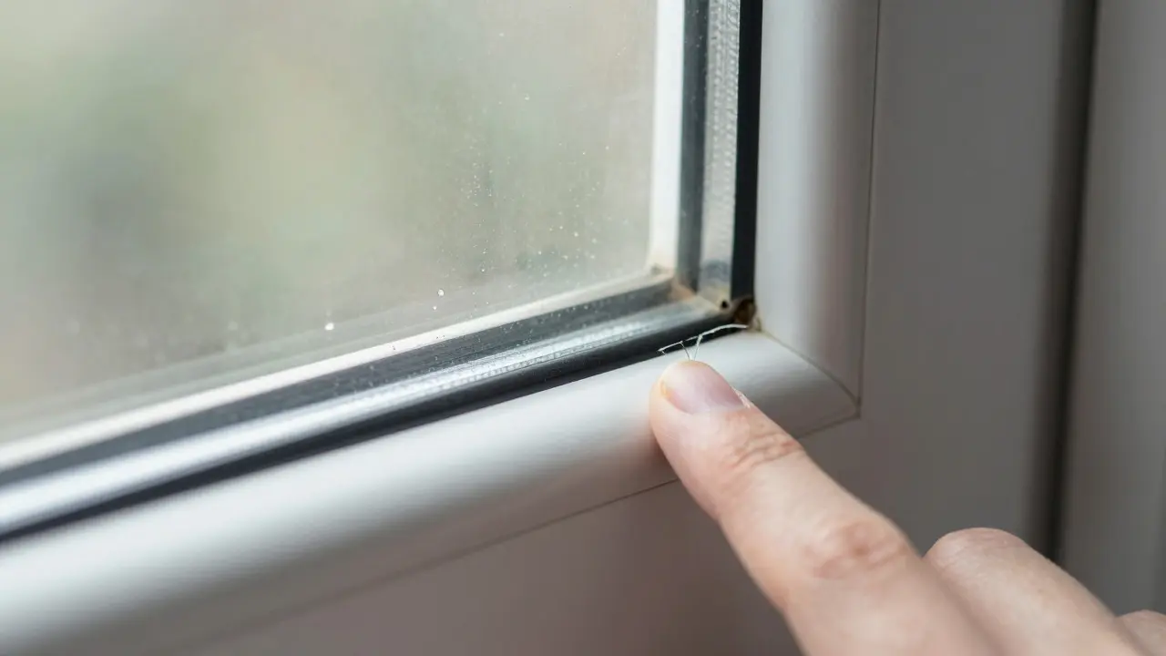 Nahaufnahme von rissigen Fensterdichtungen und Kondenswasser