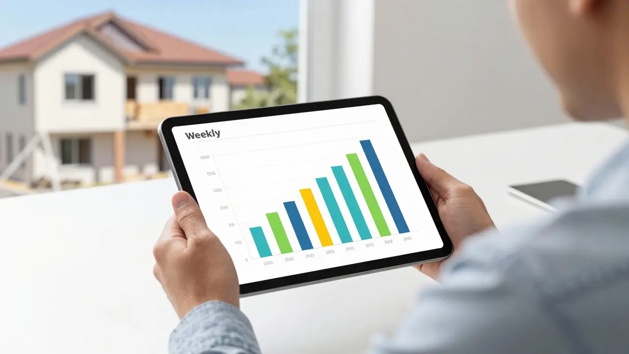 Person prüft Finanzdaten auf einem Tablet vor dem Hintergrund einer Baustelle