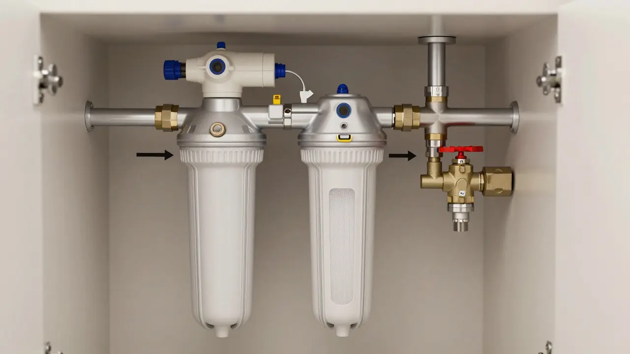 Querschnitt einer Hauswasserstation mit Filter und Druckminderer im Keller.
