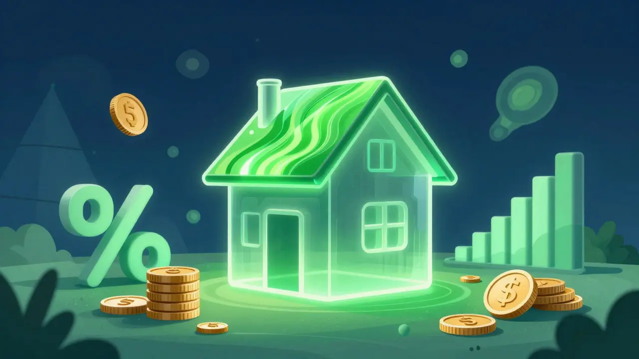 Stylized house with energy waves and abstract financial graphics