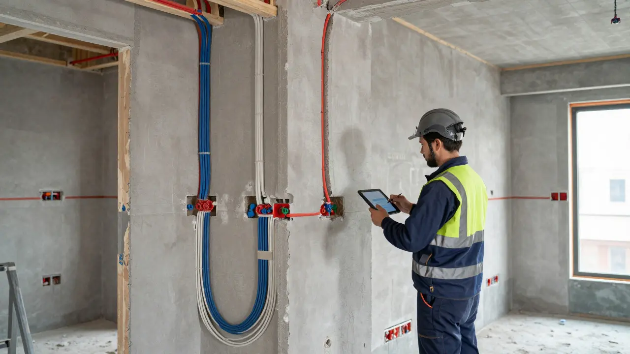 Techniker prüft neue Elektro- und Wasserleitungen in einem renovierten Haus