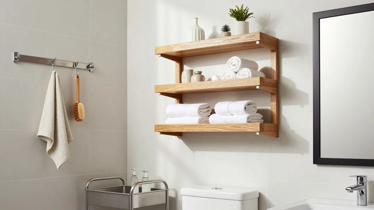 Wandregale über der Toilette und Hakenleiste neben der Dusche im kleinen Bad