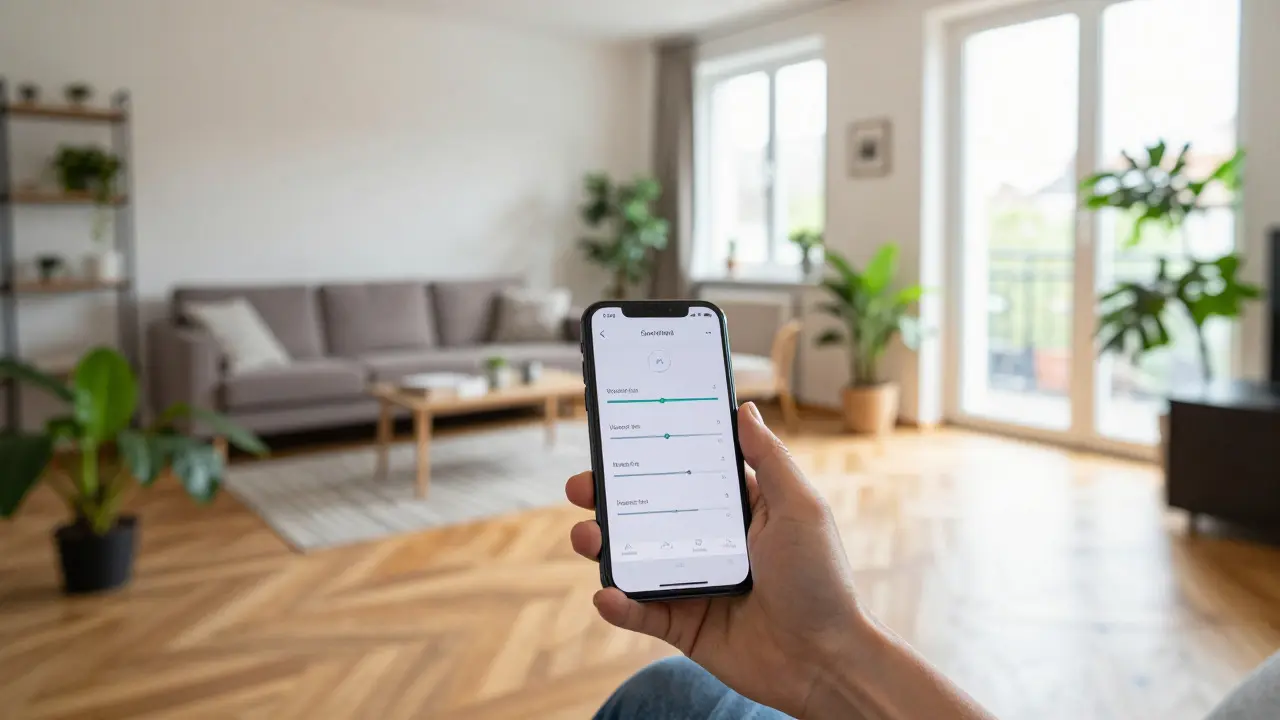 Wohnzimmeransicht mit Smartphone für Rendite-Simulation