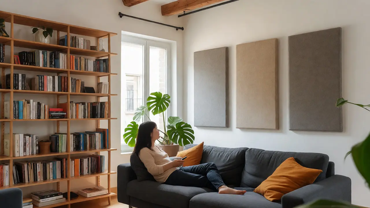 Akustikpaneele an der Wand neben einem offenen Bücherregal