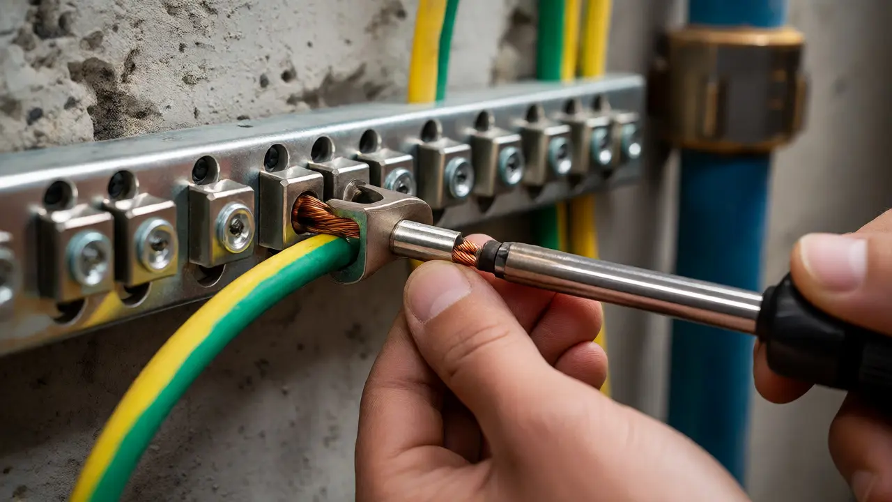 Elektriker verbindet grüngelbes Kabel mit Hülse sicher an der Potentialausgleichsschiene