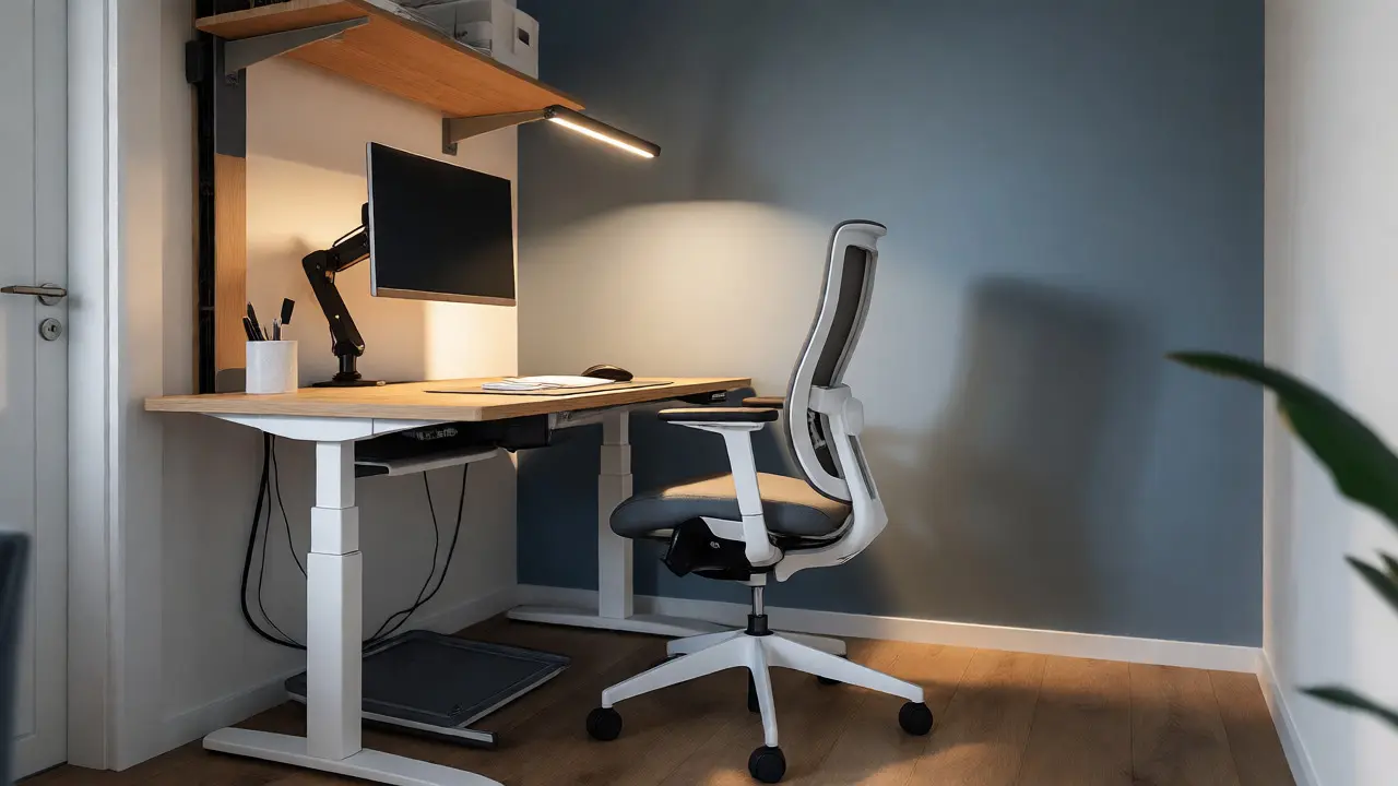 Ergonomischer Homeoffice-Arbeitsplatz mit höhenverstellbarem Schreibtisch und Monitorarm