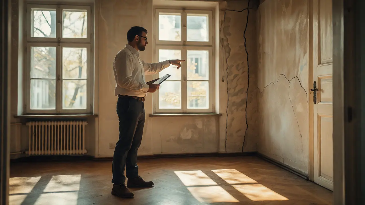 Gutachter inspiziert Mängel und Details in einem geerbten Wohnhaus