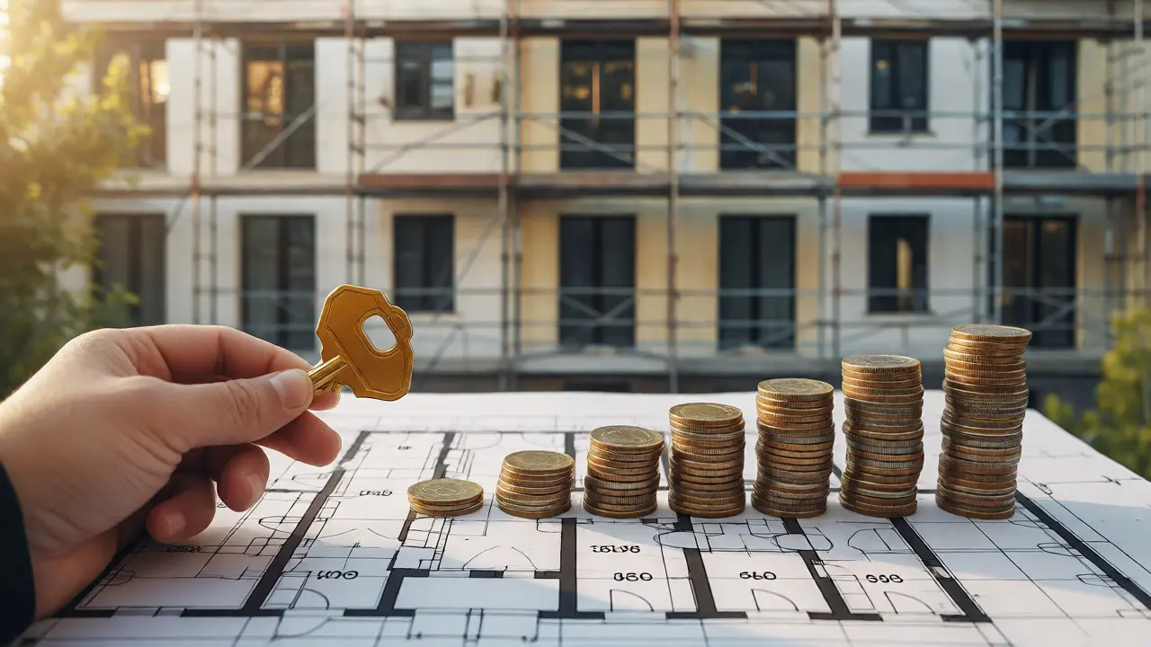 Hand mit Schlüssel neben Grundriss und Münzen vor renovierter Fassade