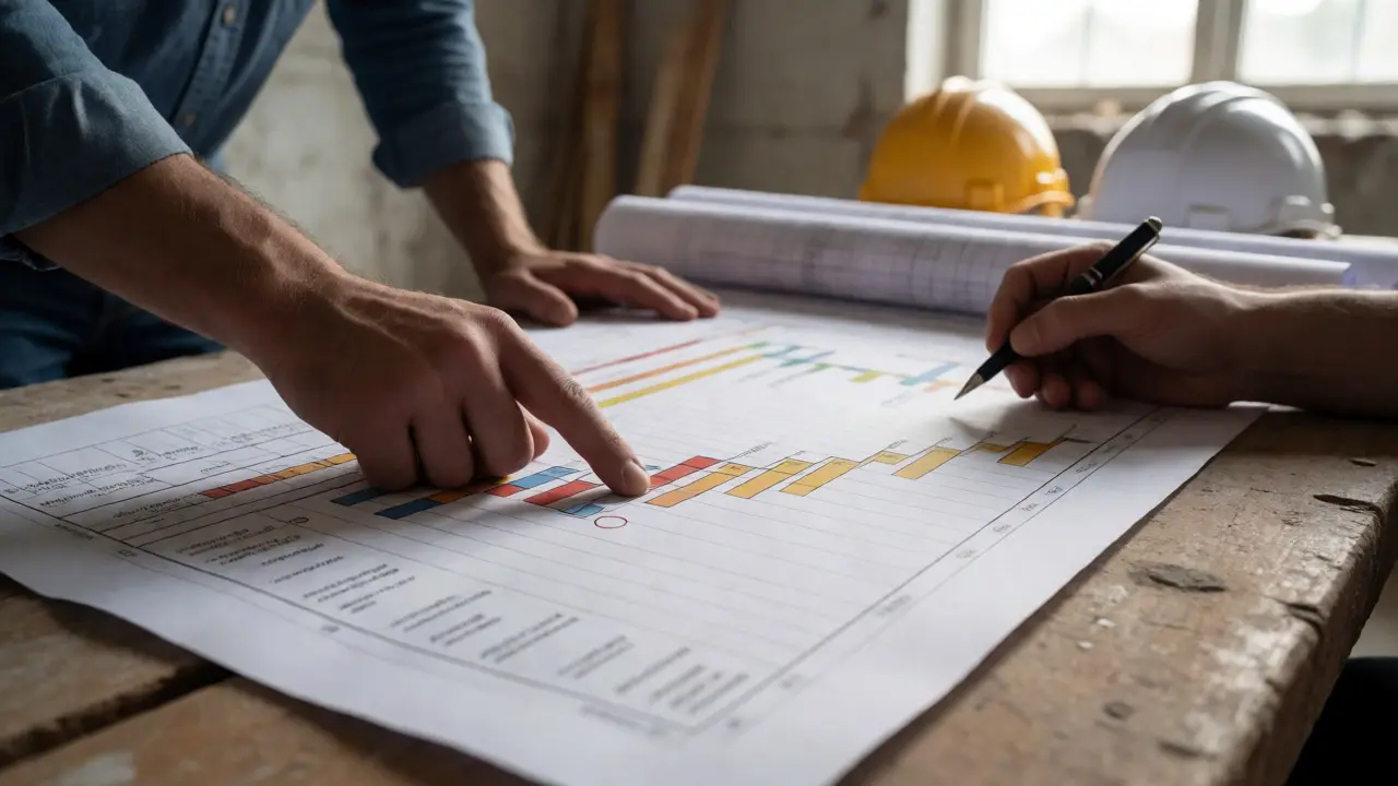 Hände prüfen einen Gantt-Chart auf der Baustelle