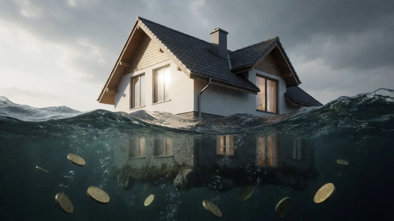 Haus schwebt teilweise im Wasser, was das Risiko der Unterdeckung zeigt.