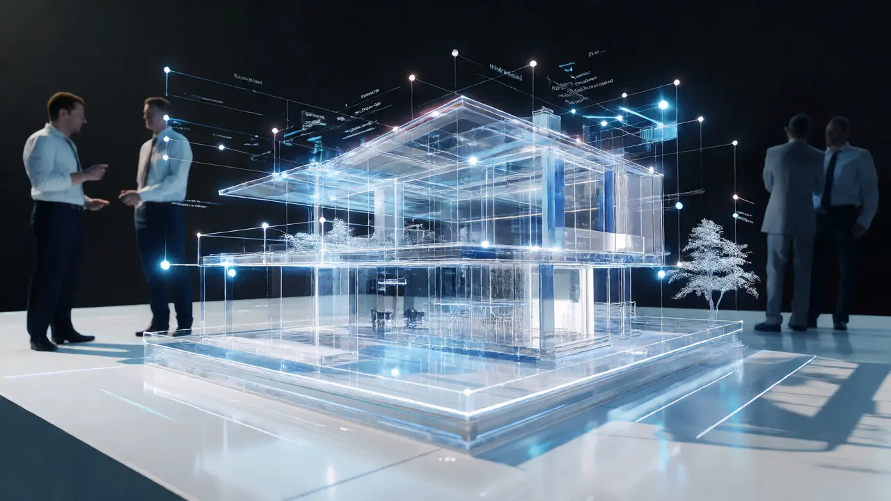 Holografisches BIM-Modell eines Hauses mit digitalen Datenpunkten