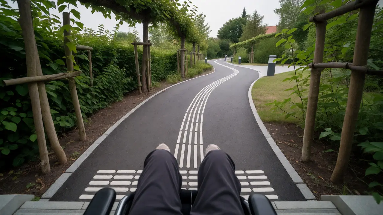 Rollstuhlfahrer auf breitem Weg mit taktilen Leitelementen