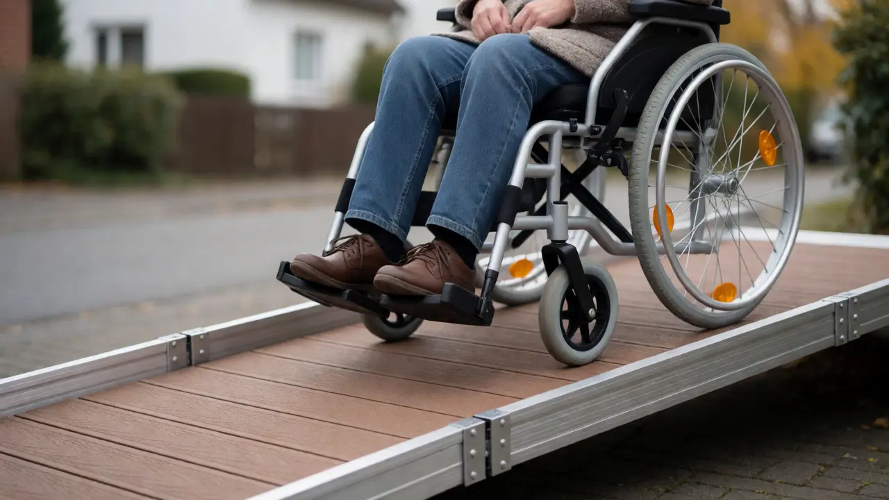 Rollstuhlfahrer nutzt rutschfeste Kunststoff-Alu-Rampe