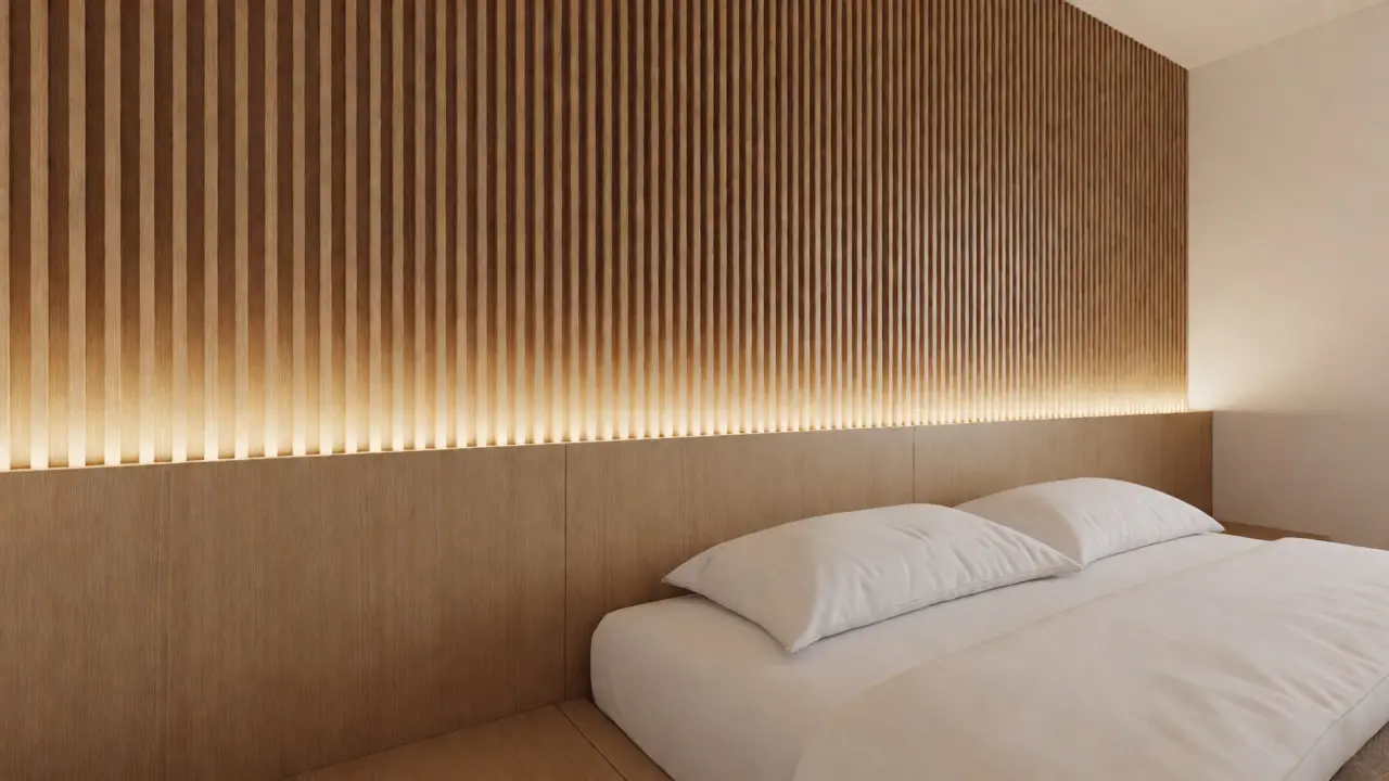 Schlafzimmer mit vertikalen Holzpaneelen und integrierter Beleuchtung