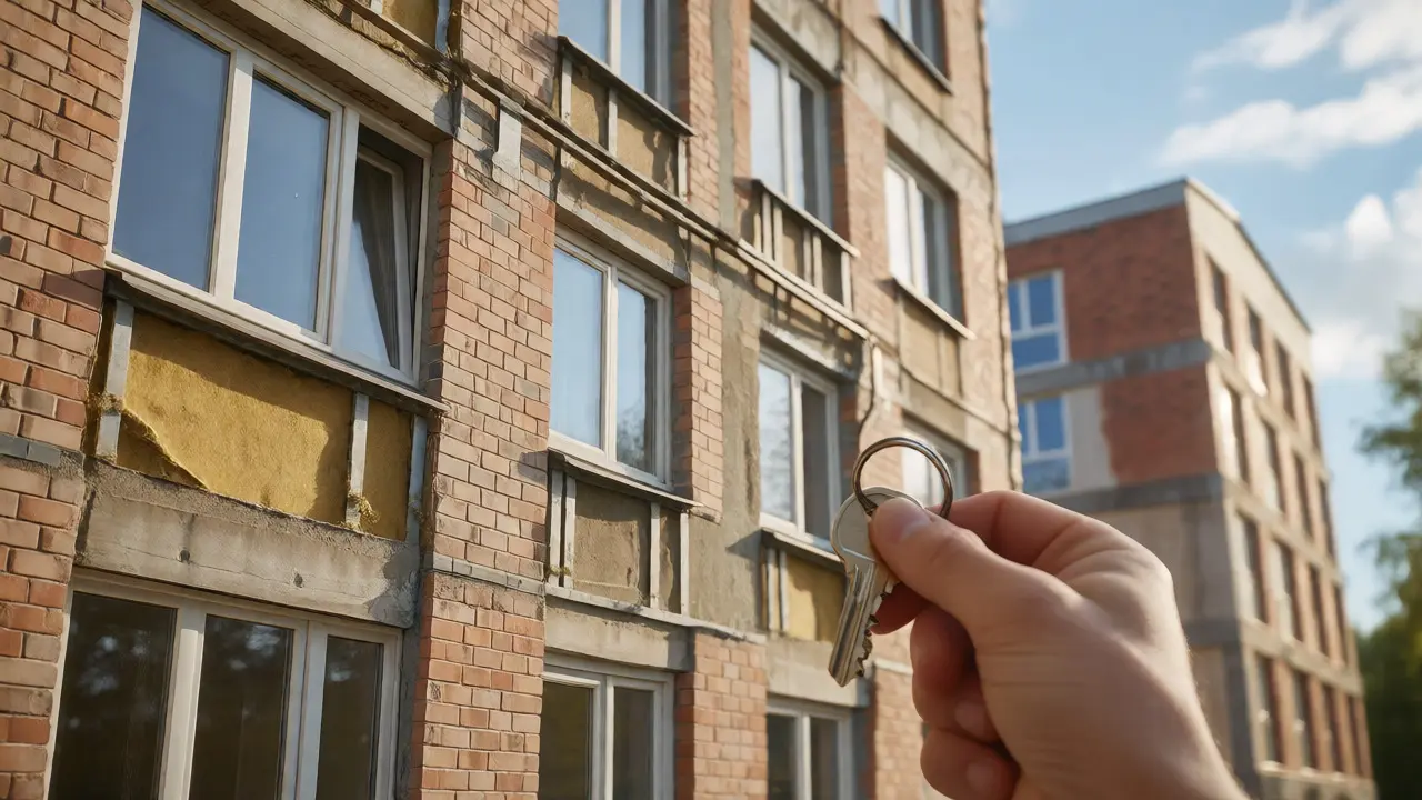 Schlüssel vor renovierter energieeffizienter Altbau-Fassade